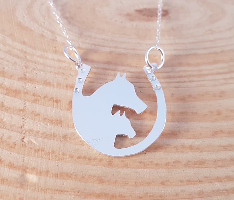 Sterling Silver Horse and Foal in Horseshoe Necklace