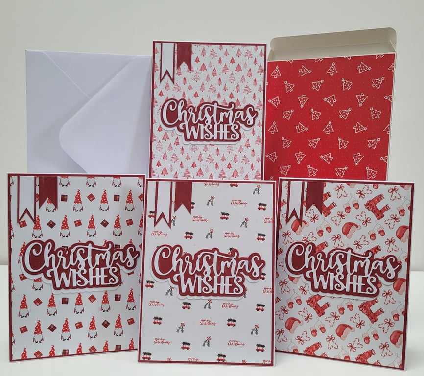 Handmade Set of 4 Christmas Wishes Cards with Matching Gift Box