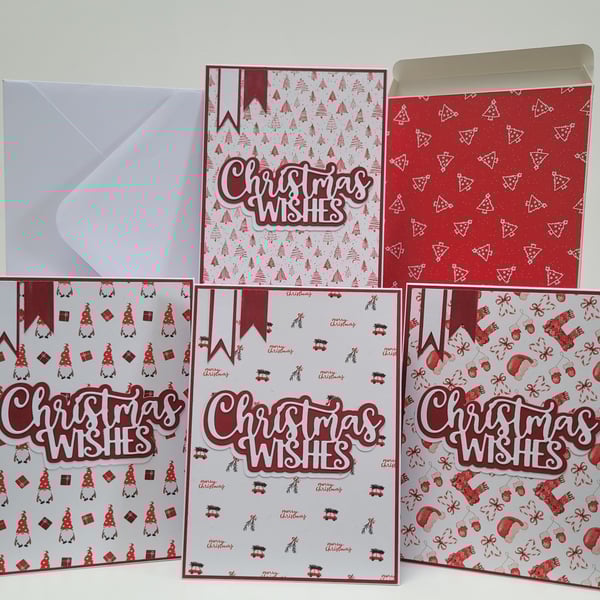 Handmade Set of 4 Christmas Wishes Cards with Matching Gift Box