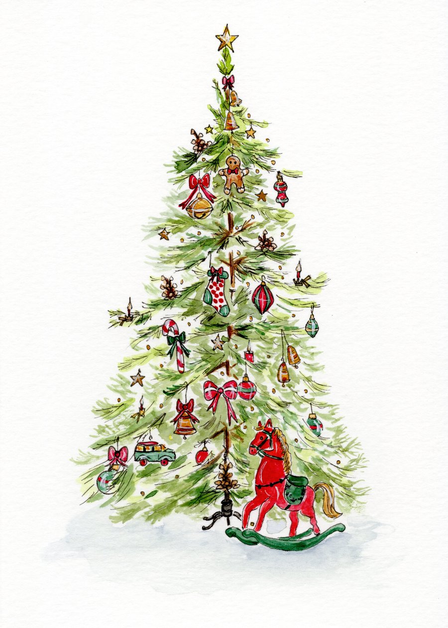 Traditional Christmas Card – Classic Festive Watercolour Tree with Rocking Horse