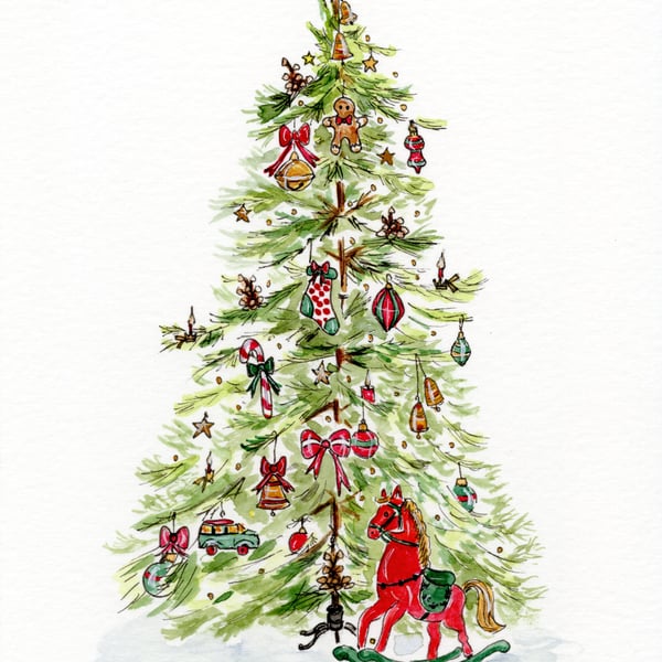 Traditional Christmas Card – Classic Festive Watercolour Tree with Rocking Horse