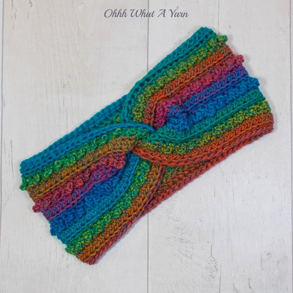 Ladies crochet rainbow twist ear warmer. Crochet ear warmer. Rainbow headband.