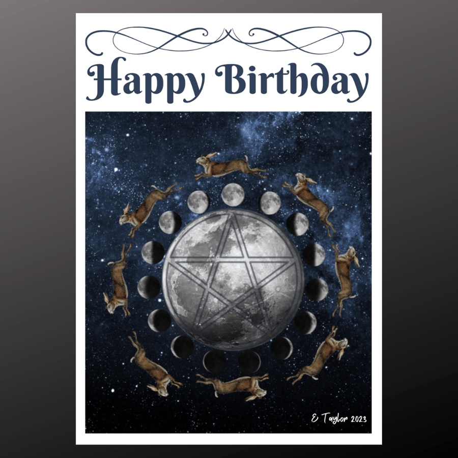 Happy Birthday Card  Celestial Hare Rabbit Moon Personalised Seeded Wiccan Pagan