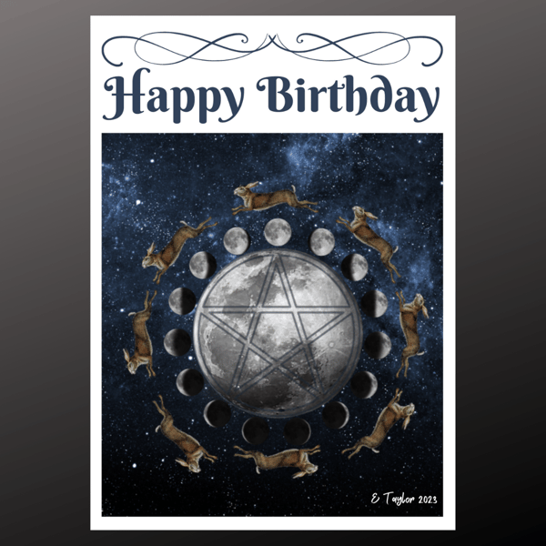 Happy Birthday Card  Celestial Hare Rabbit Moon Personalised Seeded Wiccan Pagan