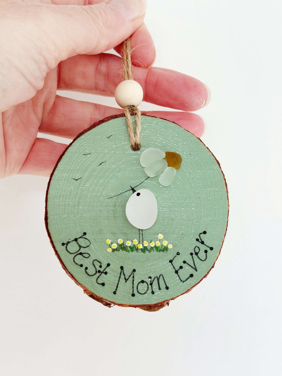 Sea Glass Gift for Mom - Sea Glass Bird & Daisy Hanging Decoration