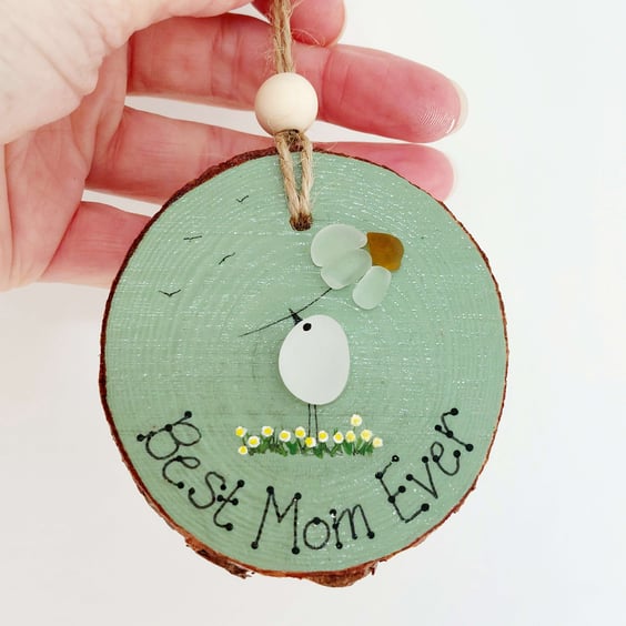 Sea Glass Gift for Mom - Sea Glass Bird & Daisy Hanging Decoration