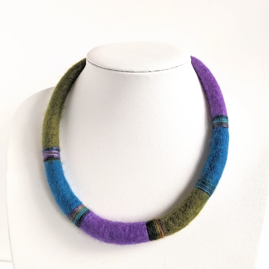 Felted cord necklace - olive, purple and aquamarine