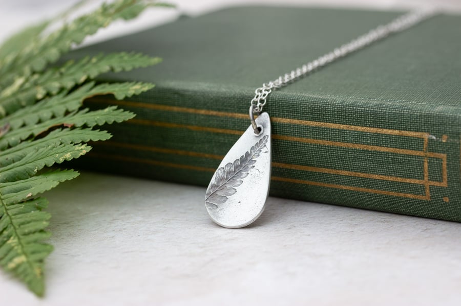 Silver Teardrop Fern Leaf Pendant