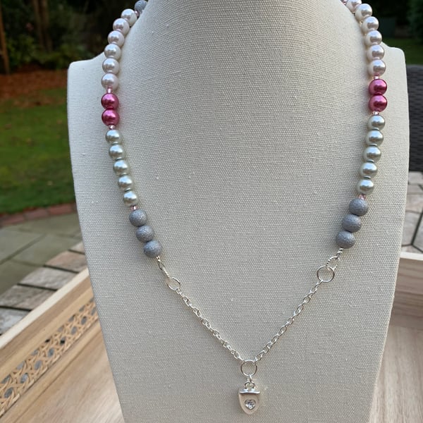 Swarovski Silver Plated Pendant Pearl & Gemstone Necklace in Cream & Rose Pink