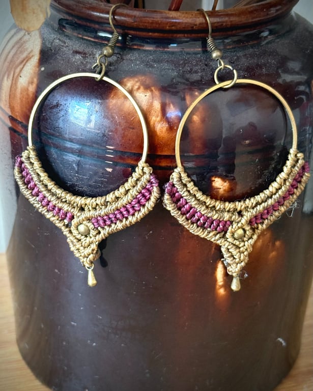 Boho hoop macrame earrings inc Free UK delivery (green and purple)