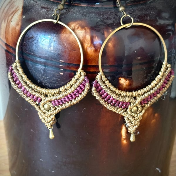 Boho hoop macrame earrings inc Free UK delivery (green and purple)