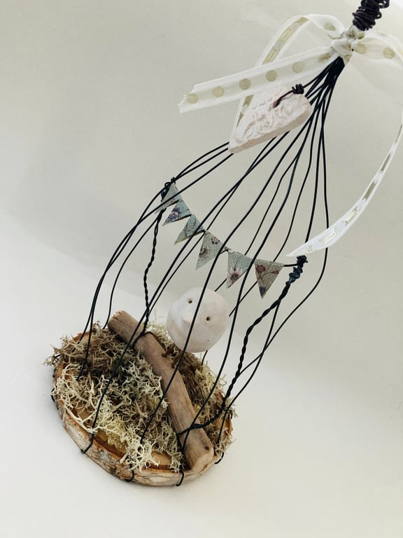 Wire bird cage, wire art sculpture, wire and pottery hanger, fantasy
