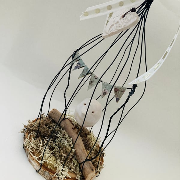 Wire bird cage, wire art sculpture, wire and pottery hanger, fantasy
