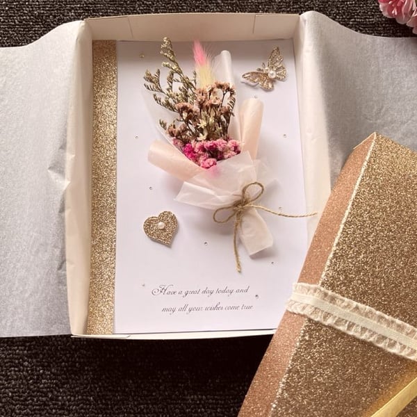 Handmade 3D Dried Flower Birthday Card: Personalized Bouquet C100