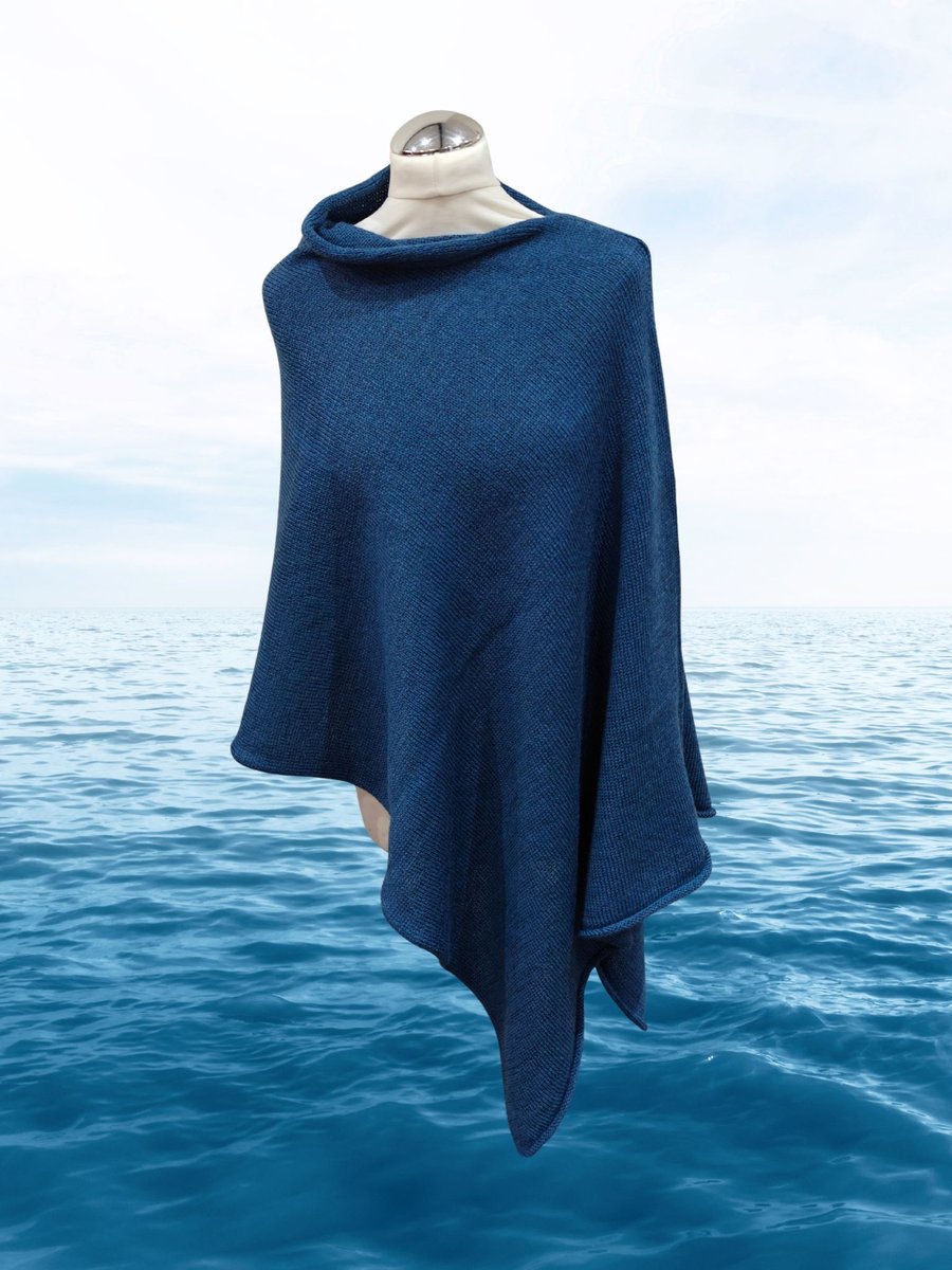 Sea Blue Merino Wool Poncho. Denim Blue knitted women's cape, shawl.