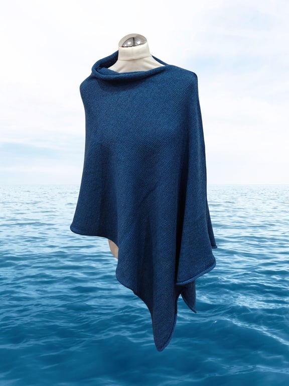 Sea Blue Merino Wool Poncho. Denim Blue knitted women's cape, shawl.