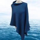 Sea Blue Merino Wool Poncho. Denim Blue knitted women's cape, shawl.