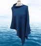 Sea Blue Merino Wool Poncho. Denim Blue knitted women's cape, shawl.