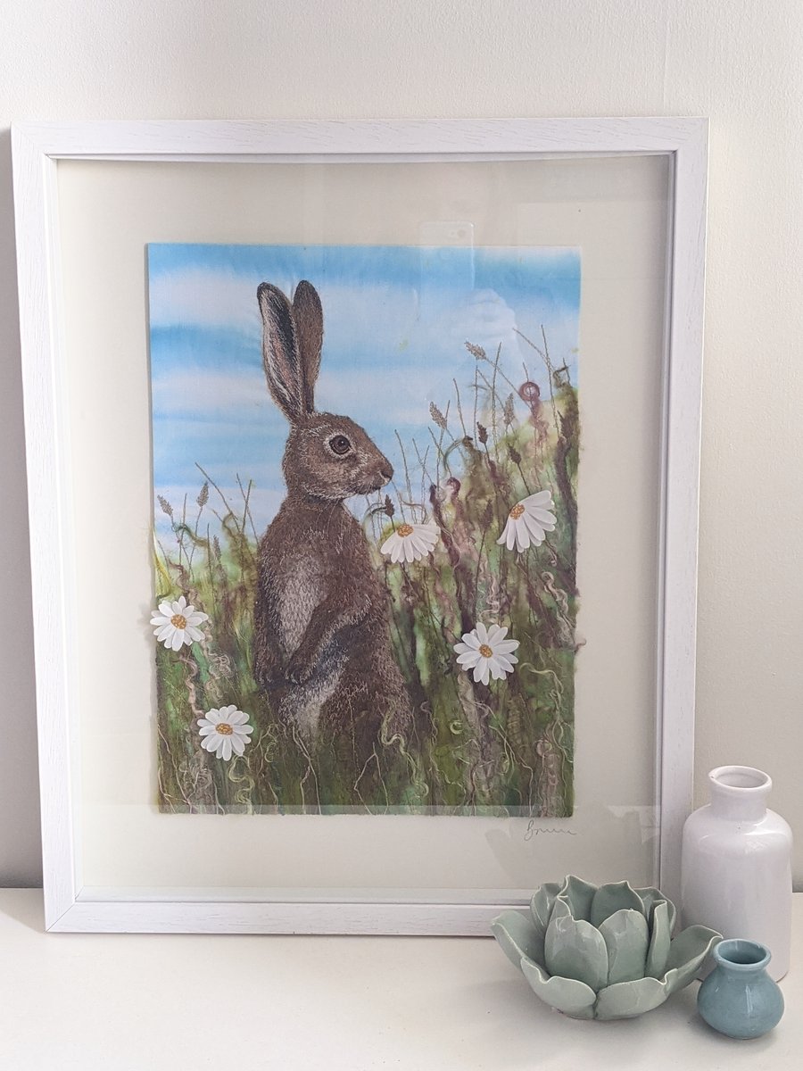 Meadow Hare, embroidered picture
