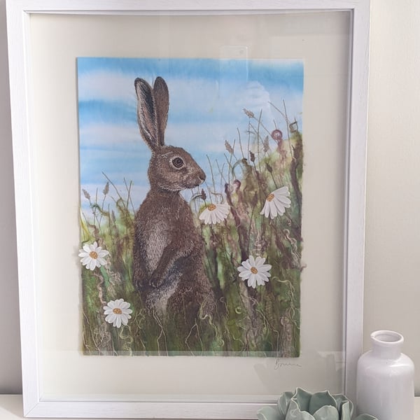 Meadow Hare, embroidered picture