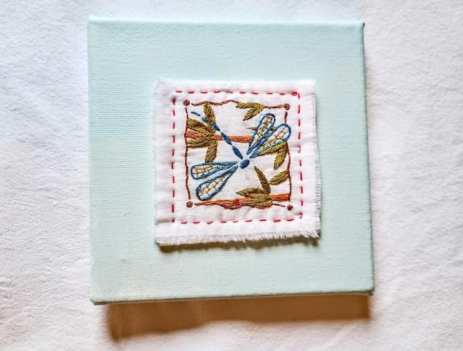 Hand Embroidered Dragonfly Textile Art, Blue Canvas Nature Wall Decor unframed