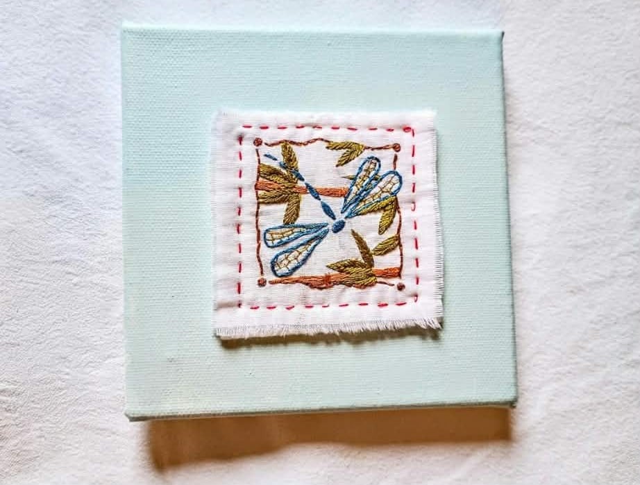 Hand Embroidered Dragonfly Textile Art, Blue Canvas Nature Wall Decor unframed