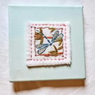 Hand Embroidered Dragonfly Textile Art, Blue Canvas Nature Wall Decor unframed