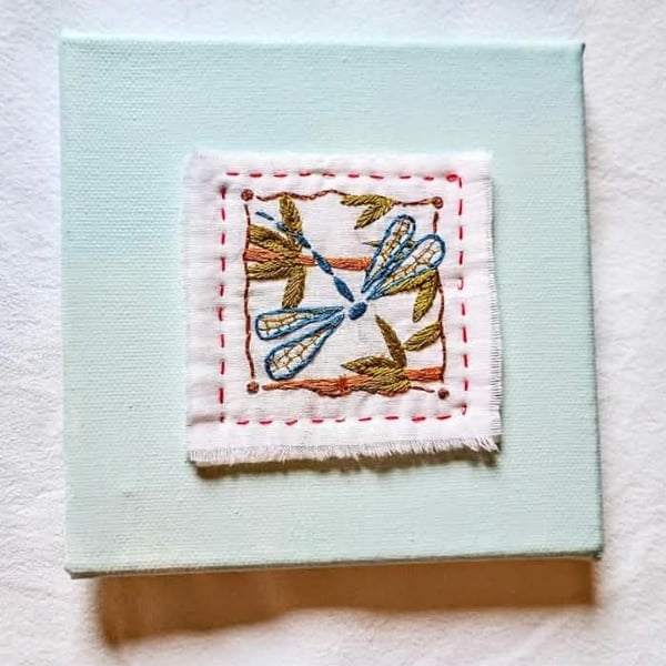 Hand Embroidered Dragonfly Textile Art, Blue Canvas Nature Wall Decor unframed