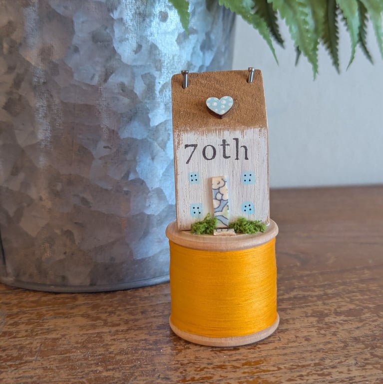 Vintage Bobbin and Handmade Tiny Oak 70th Birthday Gift