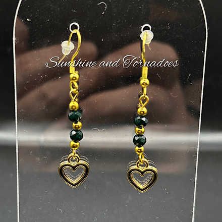Gold Heart Crystal Earrings – Black Enamel & Forest Green Czech Crystal beads.