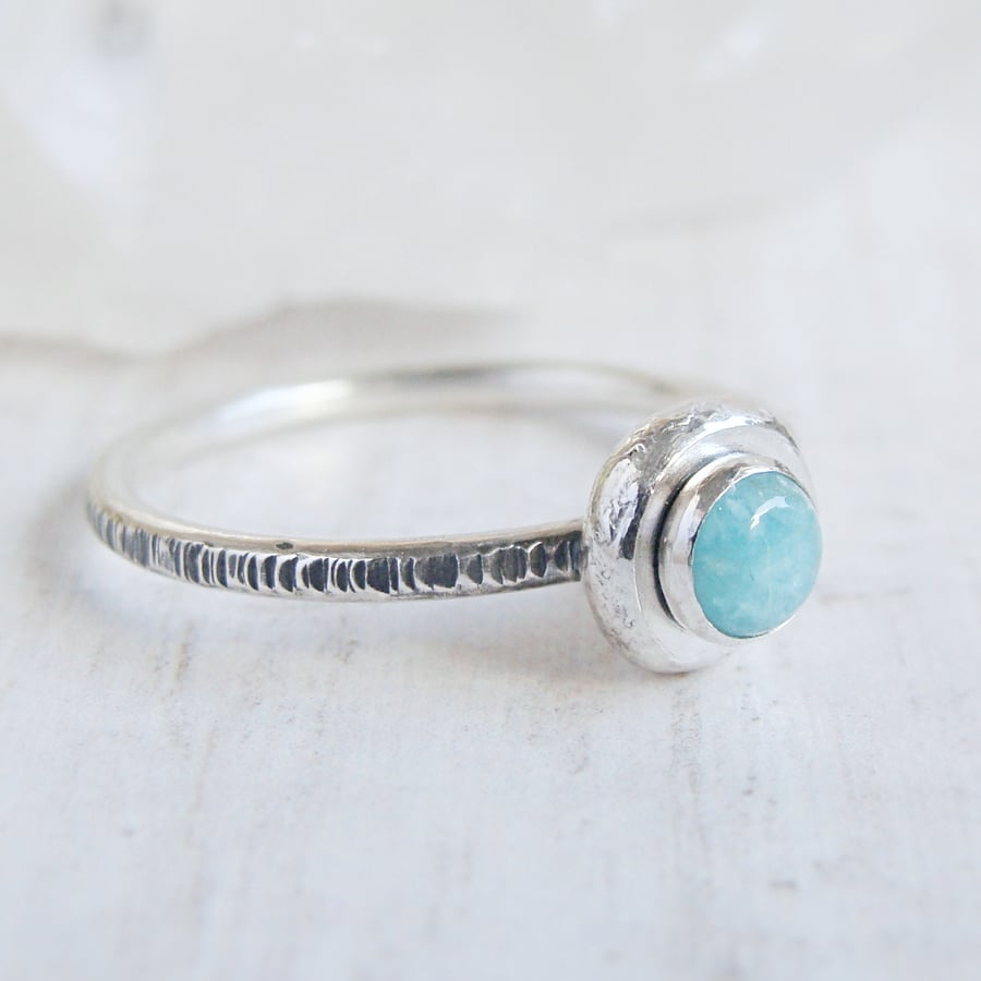Recycled Sterling Silver Pebble Stack Ring with Amazonite No.1 Size K
