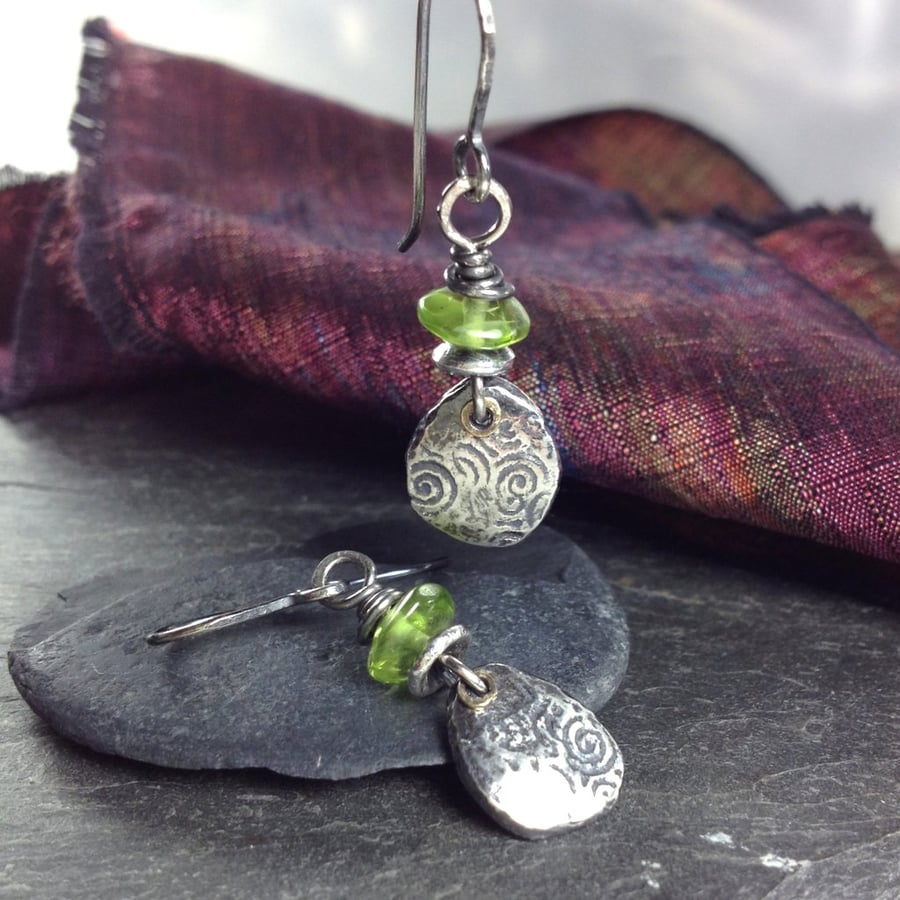 Silver, gold and peridot Relic earrings