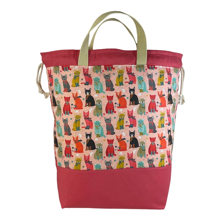 Extra Large drawstring knitting bag with cat print, multi pockets project bag wi