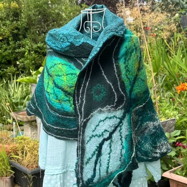 Beautiful Handmade Felted Shawl with Leaf Design