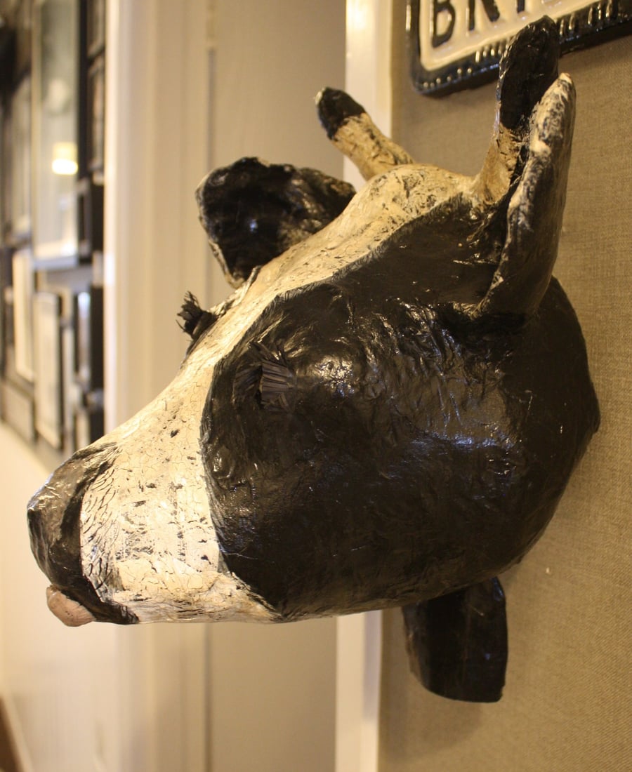 LARGE HANDMADE & HAND PAINTED, VINTAGE STYLE PAPER MACHE COWS HEAD WITH BELL, 