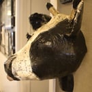 LARGE HANDMADE & HAND PAINTED, VINTAGE STYLE PAPER MACHE COWS HEAD WITH BELL, 