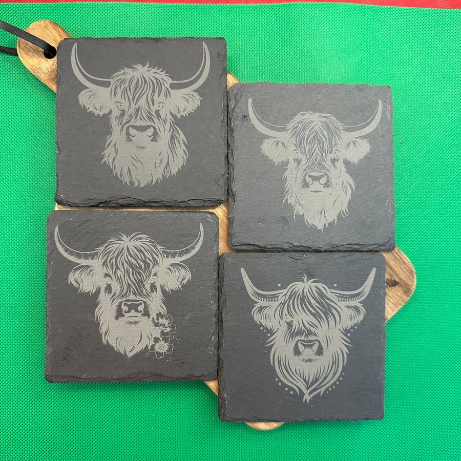 Set of 4 laser engraved natural slate coasters with Highand Cow designs