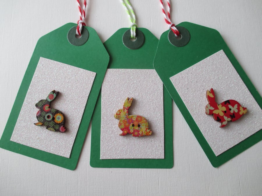 Gift Tag x 3 Christmas Bunny Rabbit Button Gift Tag Glitter Red Gold Green