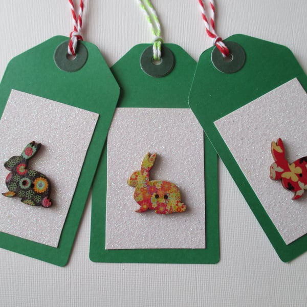 Gift Tag x 3 Christmas Bunny Rabbit Button Gift Tag Glitter Red Gold Green