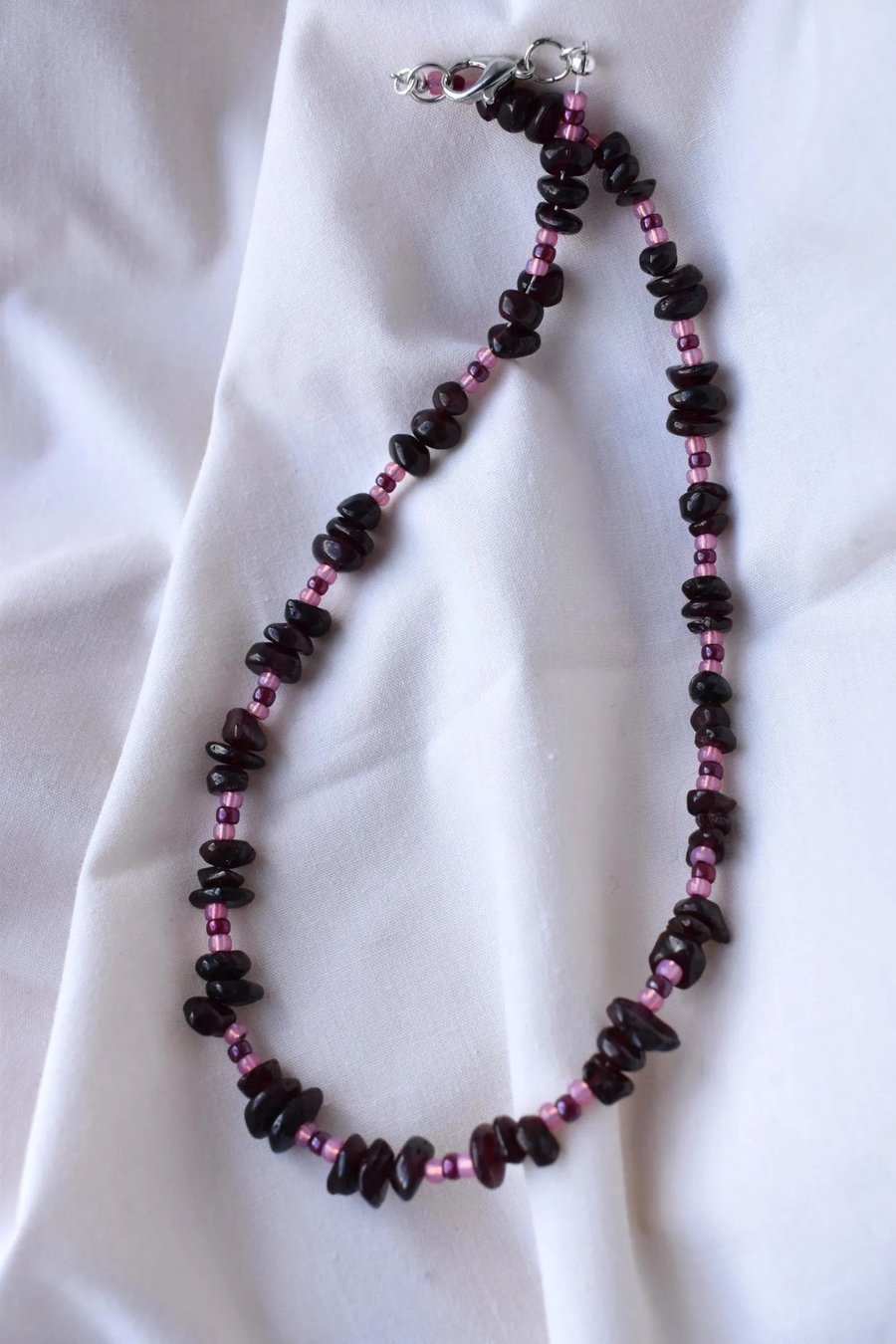 Sterling Silver Garnet Nugget Chips, Pink & Red Seed Beaded Necklace