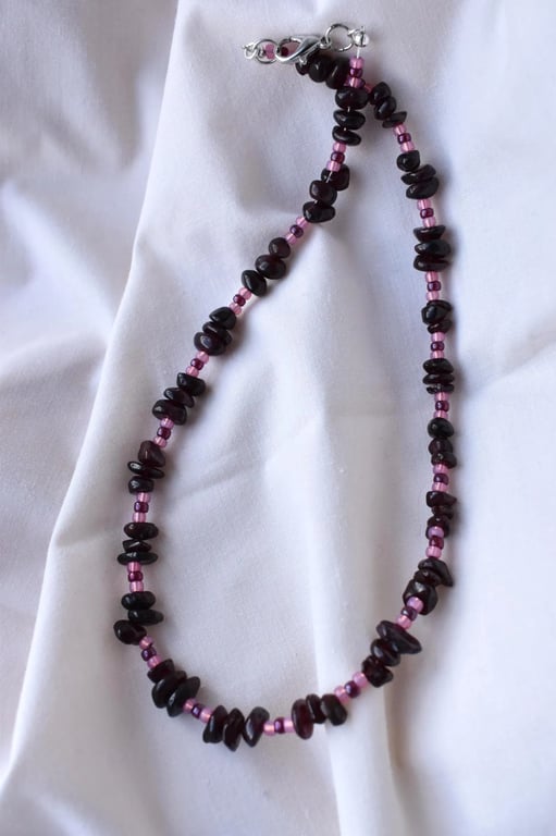 Garnet Nugget Chips, Pink & Red Seed Beaded Necklace