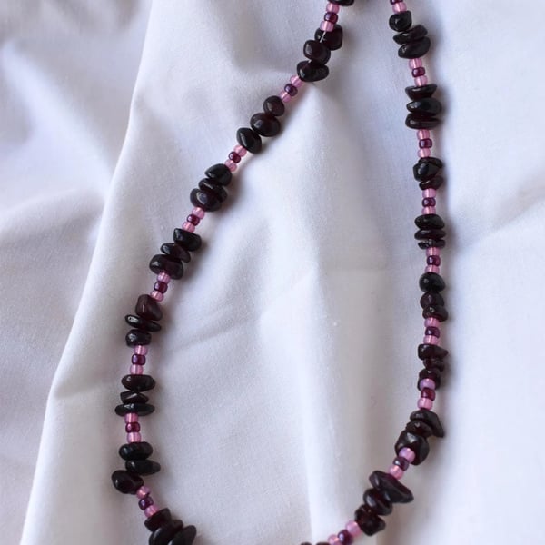 Garnet Nugget Chips, Pink & Red Seed Beaded Necklace