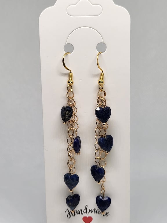 Lapis Lazuli Heart Waterfall Earrings Gold Tone Handmade Jewellery