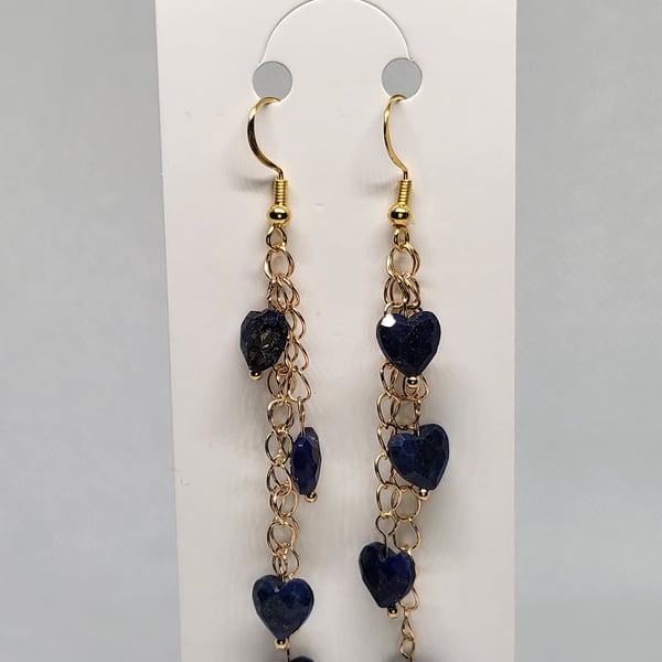 Lapis Lazuli Heart Waterfall Earrings Gold Tone Handmade Jewellery