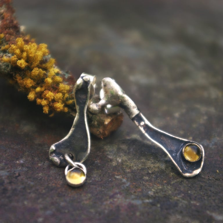 Mismatched Textured Silver Earrings with Citrines