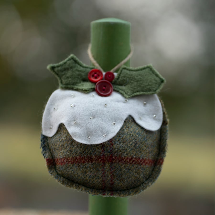 One Plaid Wool Beaded Christmas Pudding Decoration