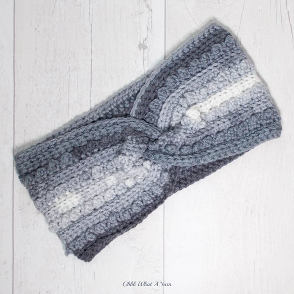 Crochet headband, ear warmer. Grey and white crochet ear warmer. Grey headband.