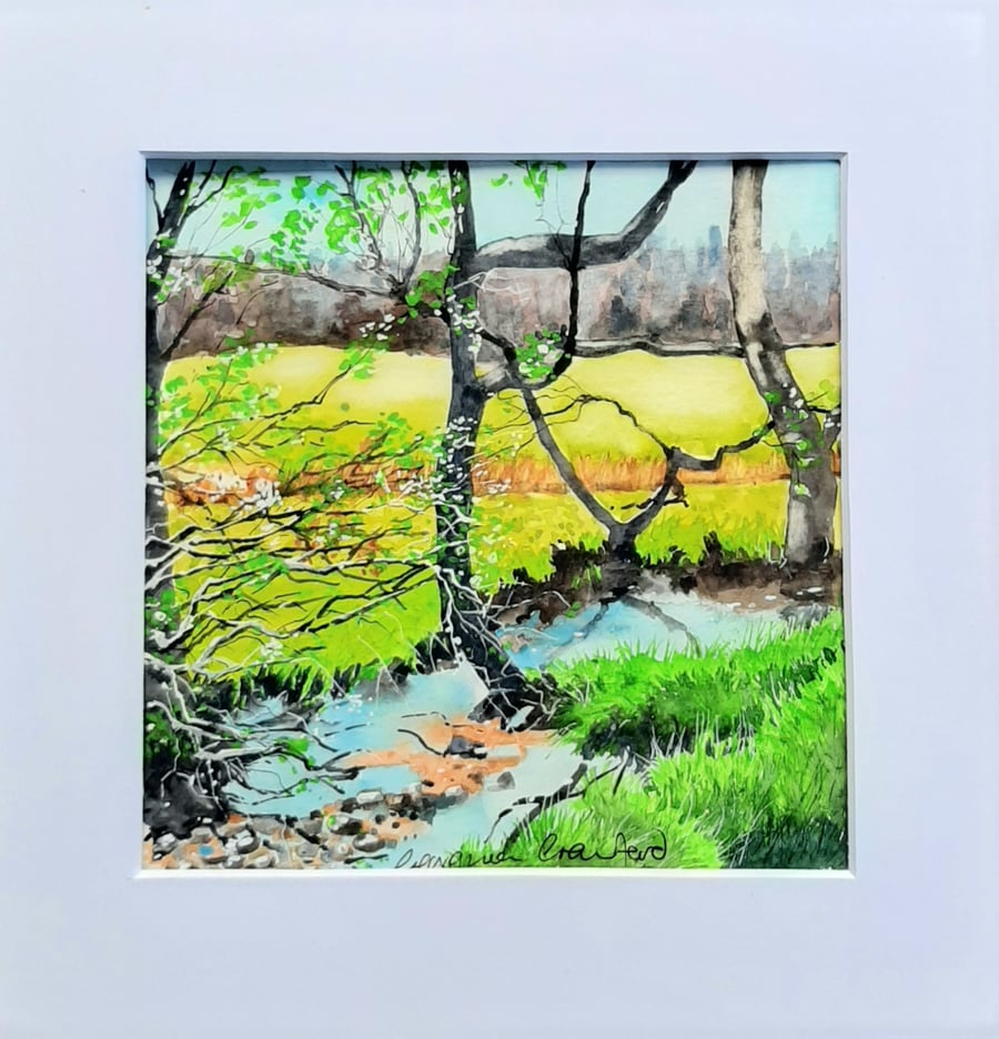 Watercolour Painting. Spring Stream, Ingleborough.  Nature.