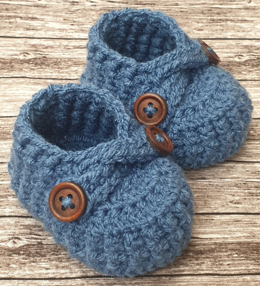 Crochet baby shoes in denim blue, custom handmade booties