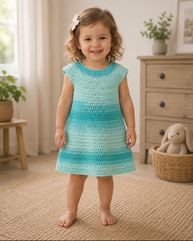 Handmade Crochet Dress – Blue Ombre, Age 2 Years